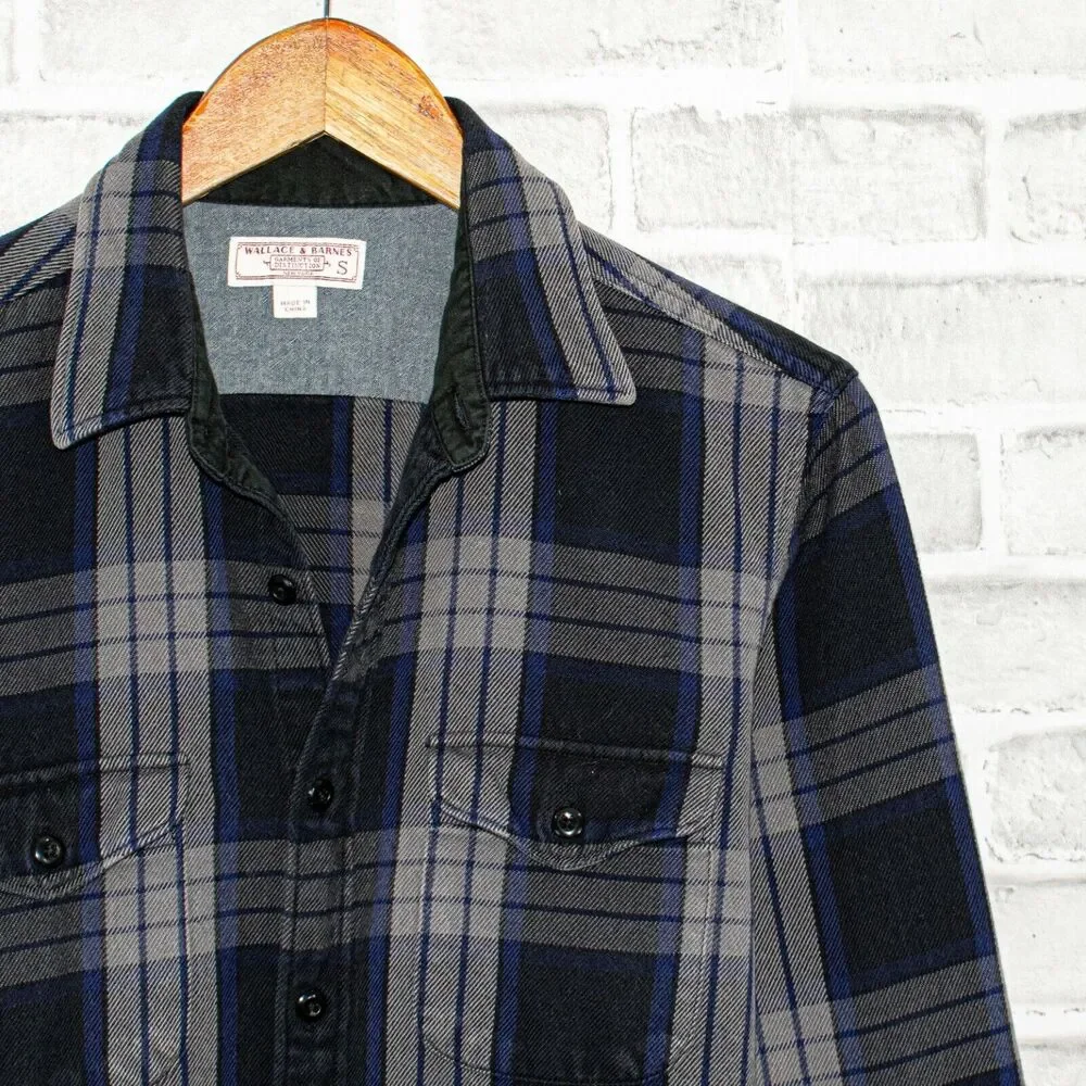 Wallace & Barnes Flannel Shirt Gray Blue Plaid Button up SMALL